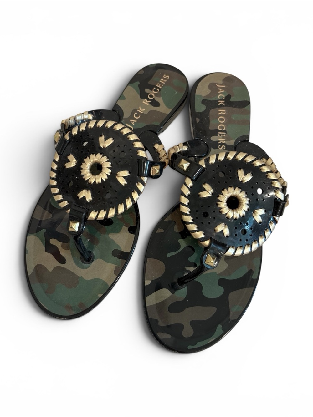 Jack Rogers Jelly Sandals Black with Gold Trim on Camo Size 7